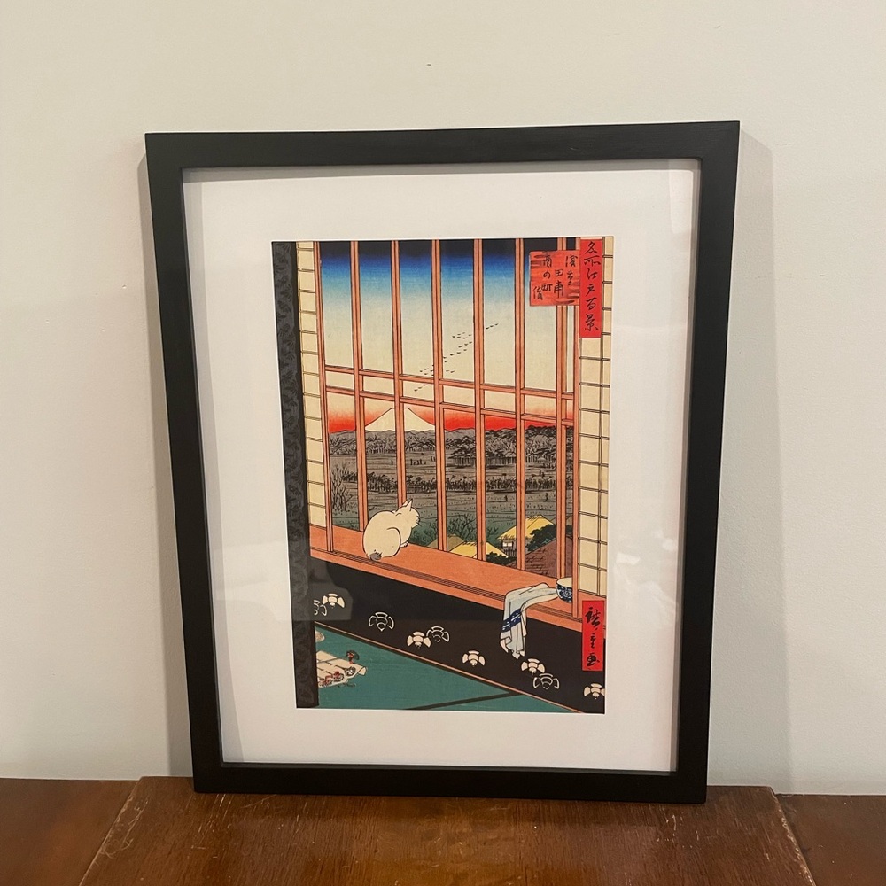 Ukiyoe Cat Japanese Art Print 12x15 Hiroshige Asakusa Rice Fields Black Frame